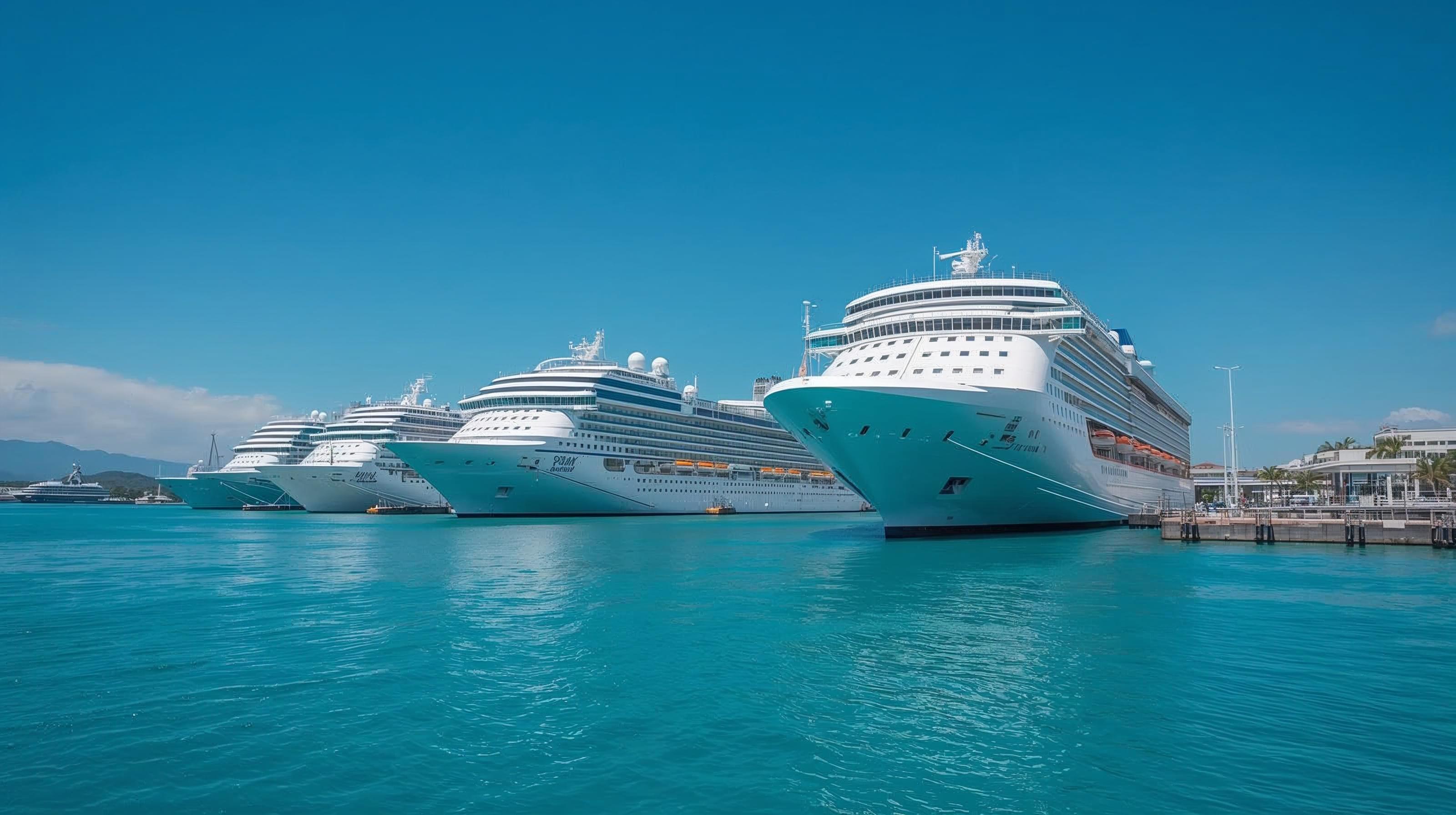 A fleet of cruise ships docked in a sunny port.